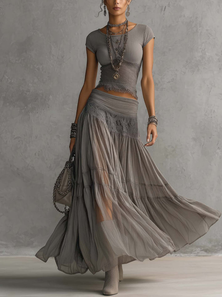 Luisa - Conjunto de Top de Encaje y Falda Maxi Plisada para Mujer
