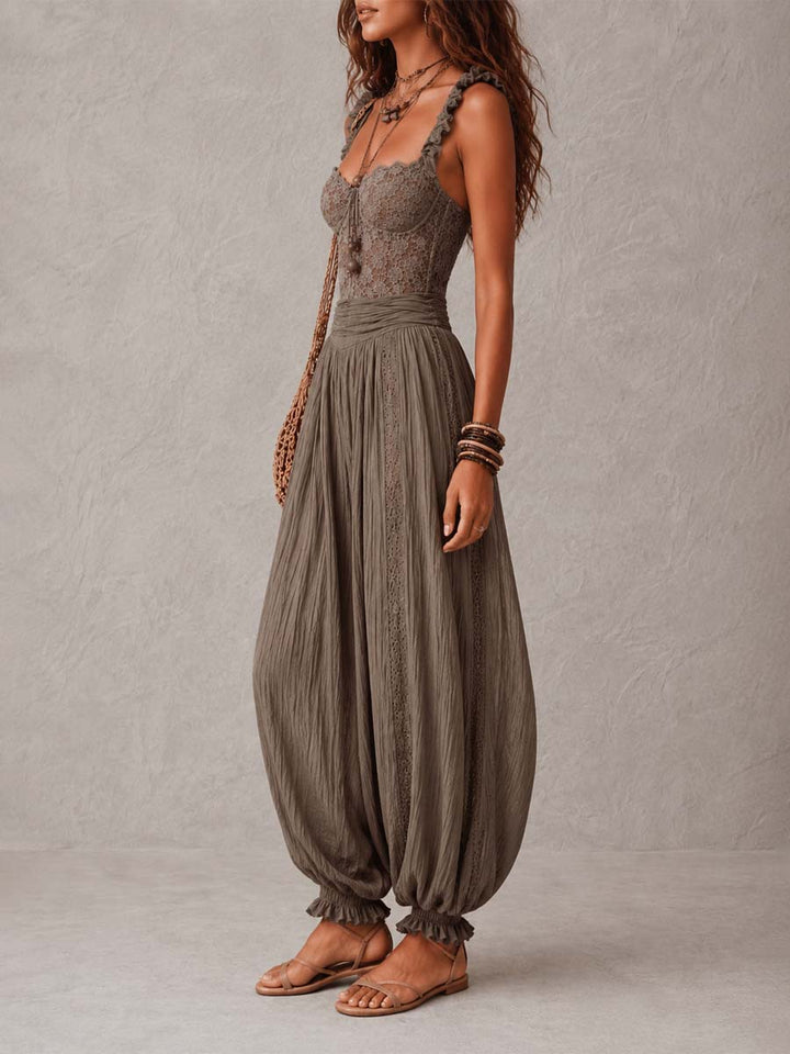 Nieves | Conjunto de bandeau de encaje gris y pantalones harem de algodón plisados para Mujer