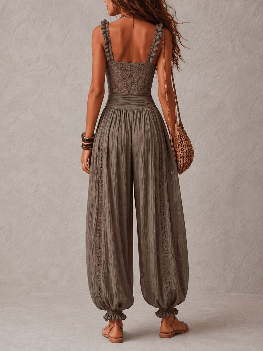 Nieves | Conjunto de bandeau de encaje gris y pantalones harem de algodón plisados para Mujer