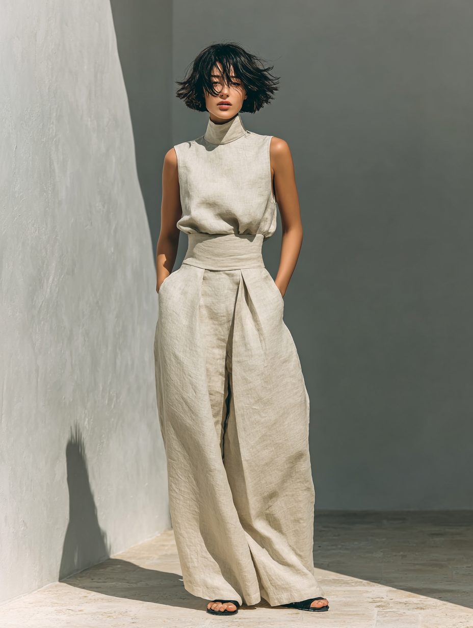 Aida - Conjunto de Blusa Sin Mangas y Pantalones de Pierna Ancha en Algodón y Lino Minimalista para Mujer