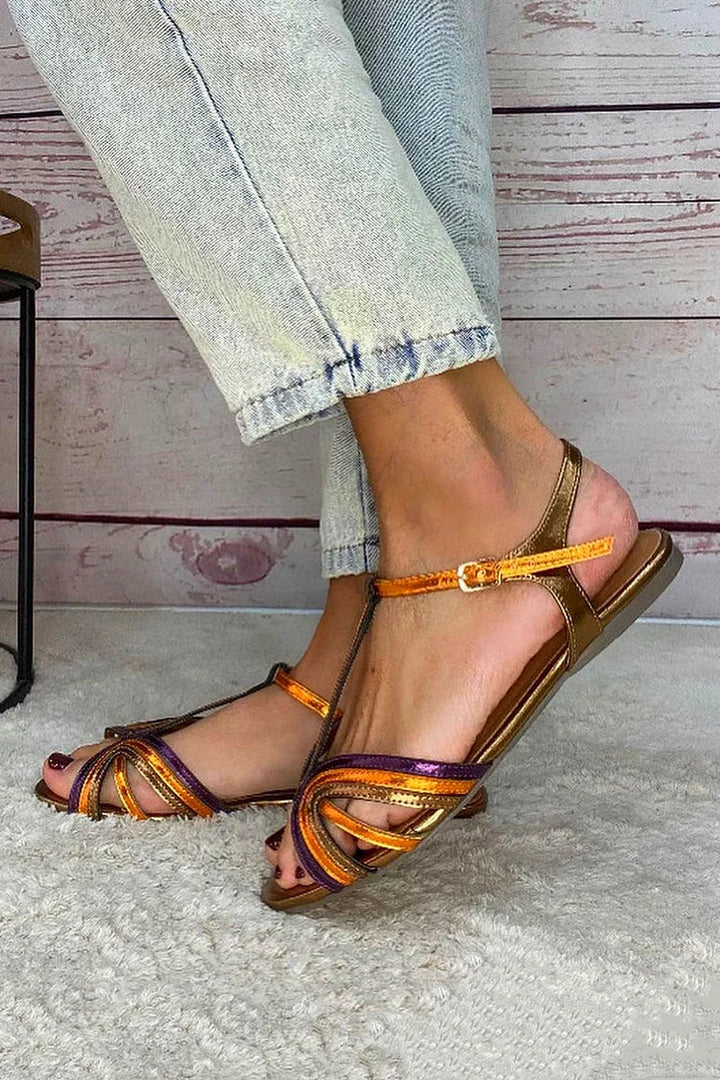 Tola - Sandalias doradas con hebilla y tira multicolor para Mujer