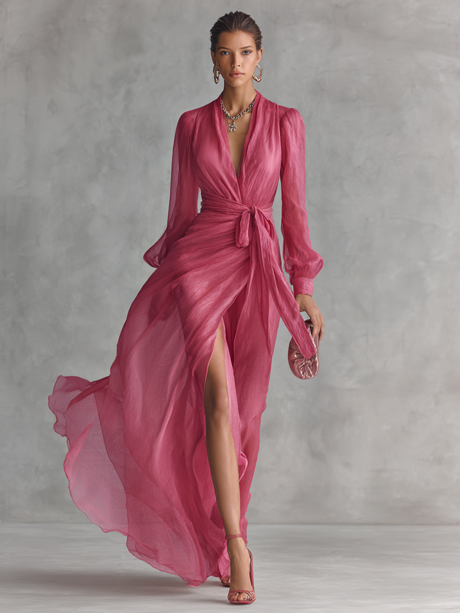 Cindy - Vestido de Chiffon Rosa con Escote en V para Mujer