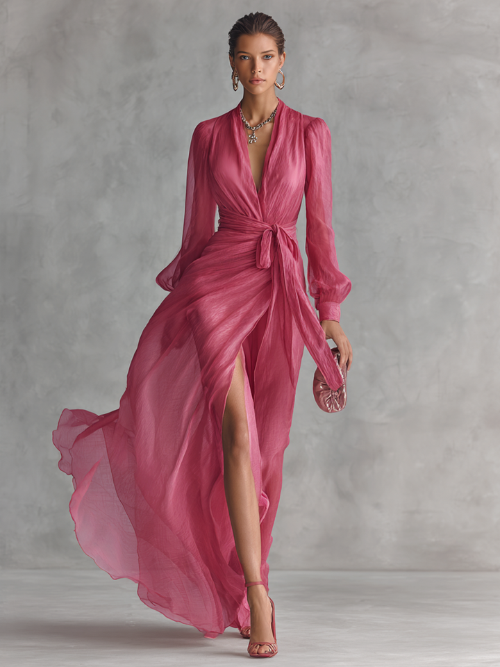 Cindy - Vestido de Chiffon Rosa con Escote en V para Mujer