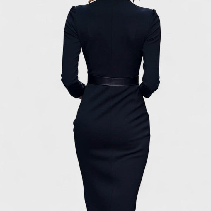 Mandarín - Vestido negro refinado con cinturón y cuello