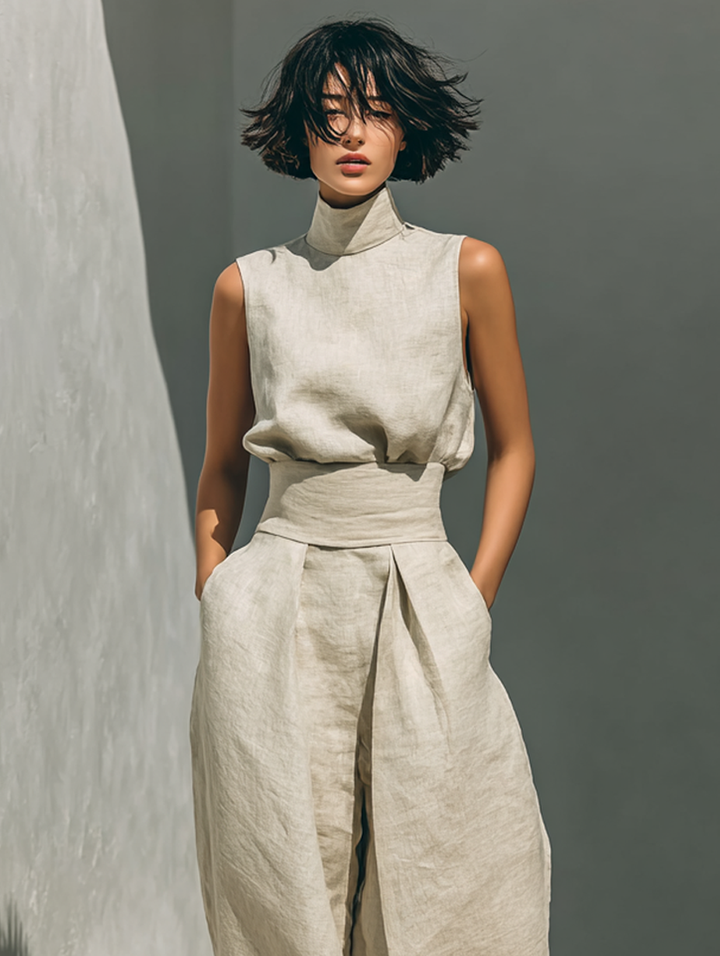 Aida - Conjunto de Blusa Sin Mangas y Pantalones de Pierna Ancha en Algodón y Lino Minimalista para Mujer
