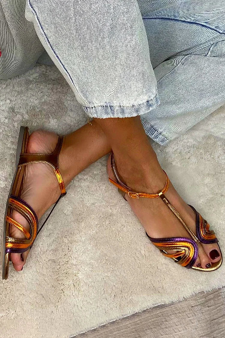 Tola - Sandalias doradas con hebilla y tira multicolor para Mujer