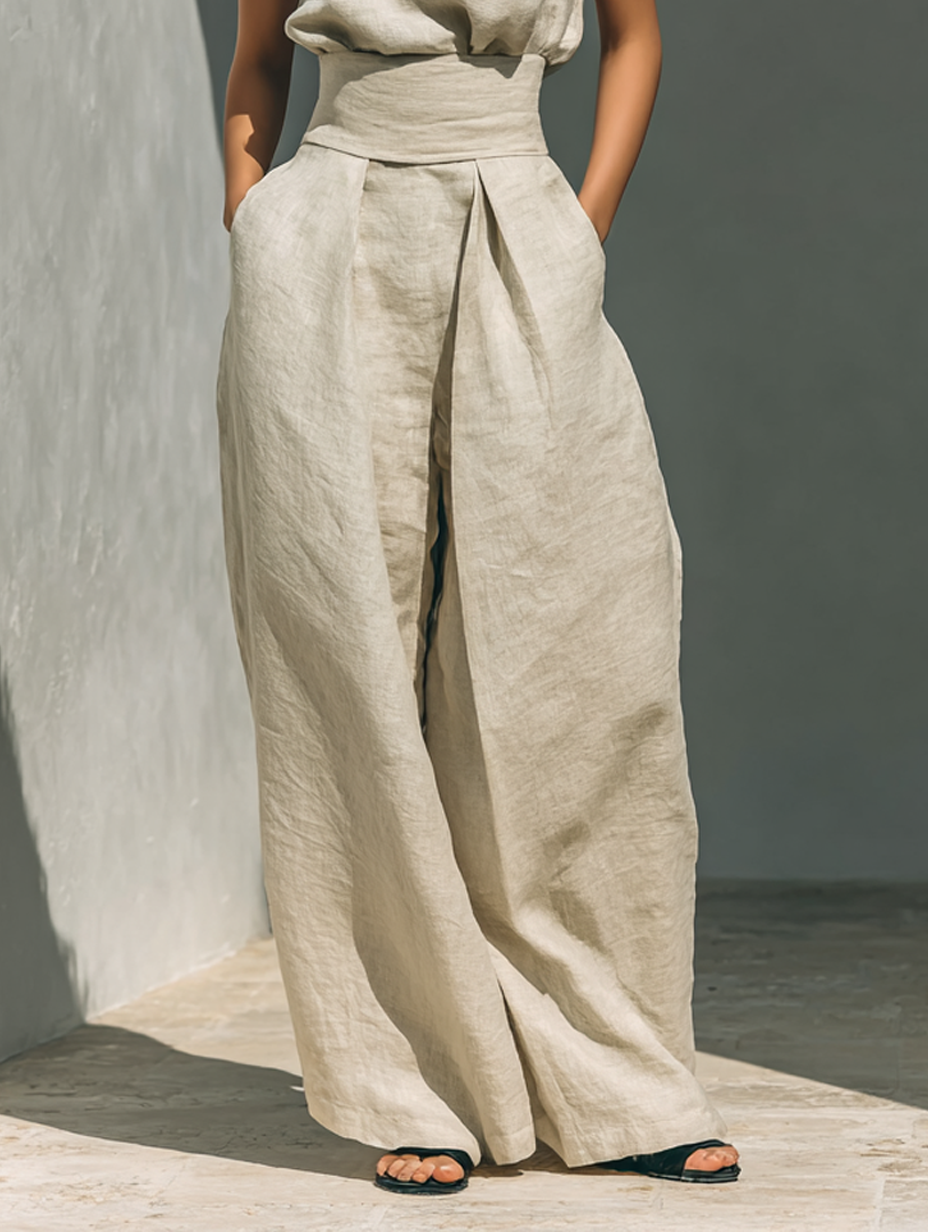 Aida - Conjunto de Blusa Sin Mangas y Pantalones de Pierna Ancha en Algodón y Lino Minimalista para Mujer