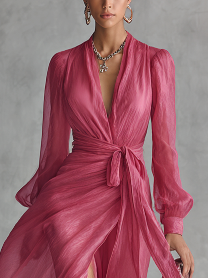 Cindy - Vestido de Chiffon Rosa con Escote en V para Mujer