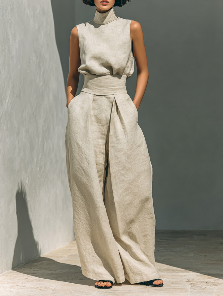 Aida - Conjunto de Blusa Sin Mangas y Pantalones de Pierna Ancha en Algodón y Lino Minimalista para Mujer