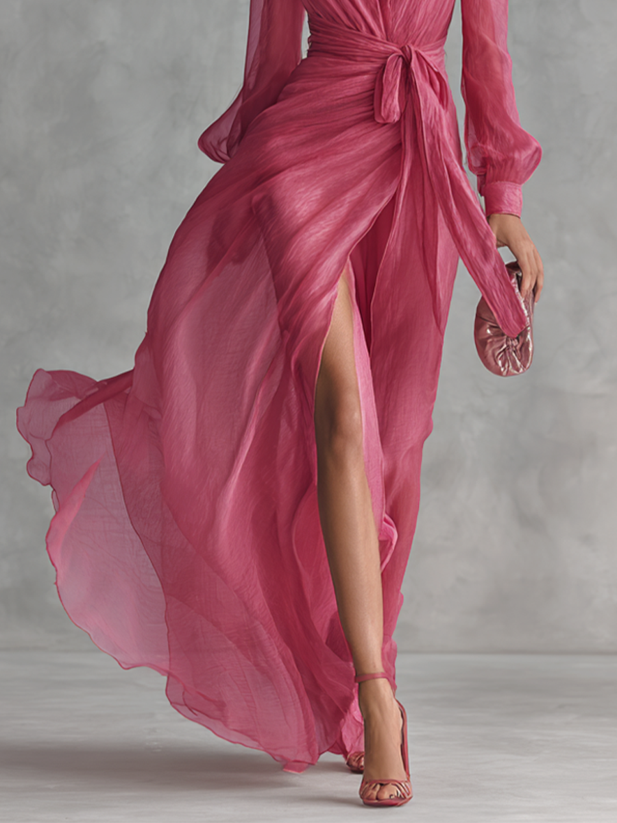 Cindy - Vestido de Chiffon Rosa con Escote en V para Mujer