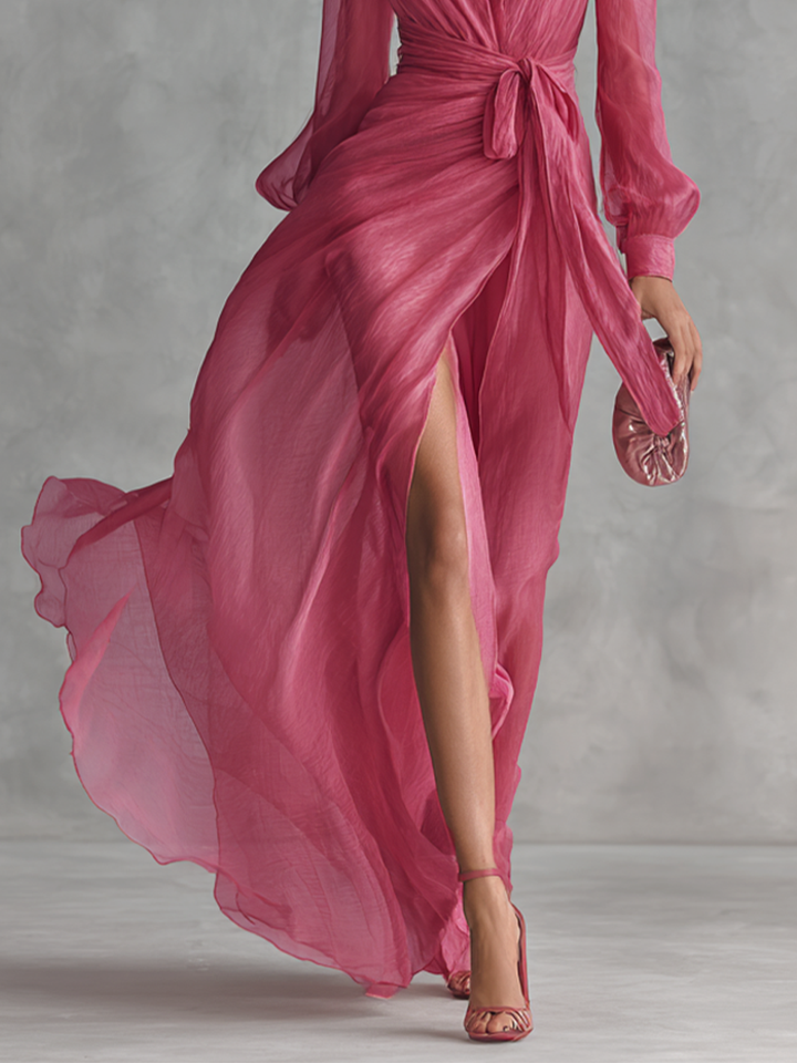 Cindy - Vestido de Chiffon Rosa con Escote en V para Mujer