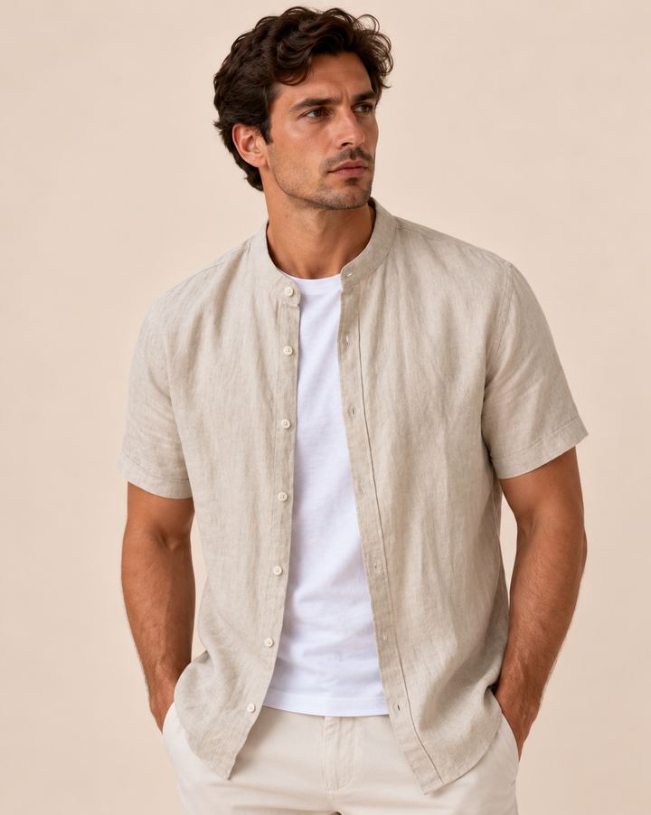 Miguel | Camisa de Lino de Manga Corta Hombre Cuello Mao