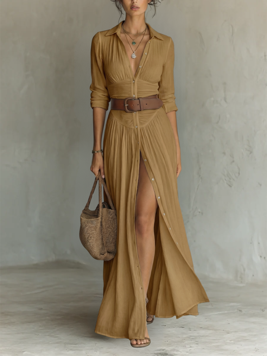 Adirana - Vestido Maxi Largo con Cuello de Solapa y Mangas Largas de Lino para Mujer