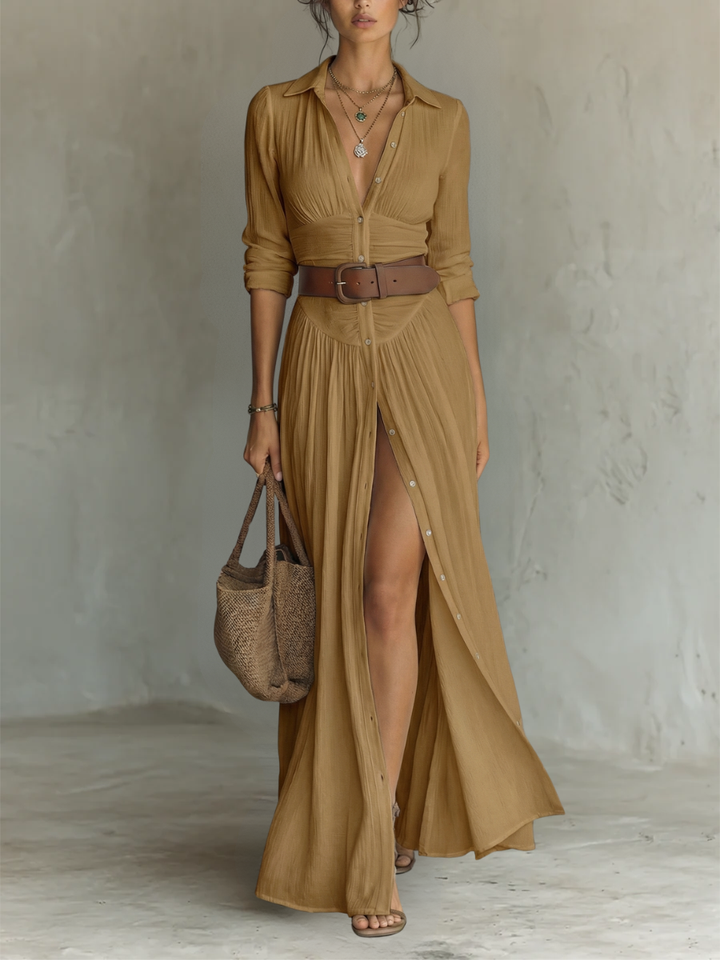 Adirana - Vestido Maxi Largo con Cuello de Solapa y Mangas Largas de Lino para Mujer