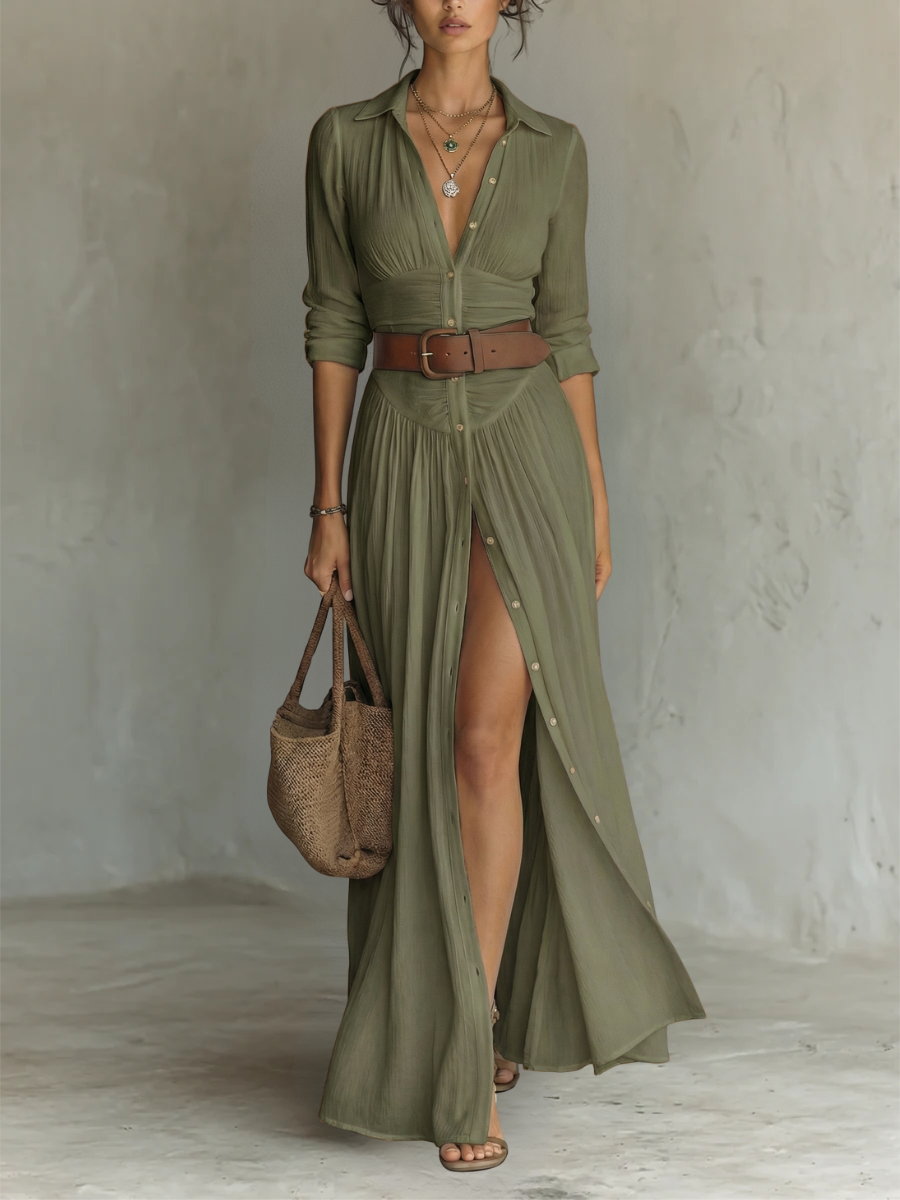 Adirana - Vestido Maxi Largo con Cuello de Solapa y Mangas Largas de Lino para Mujer