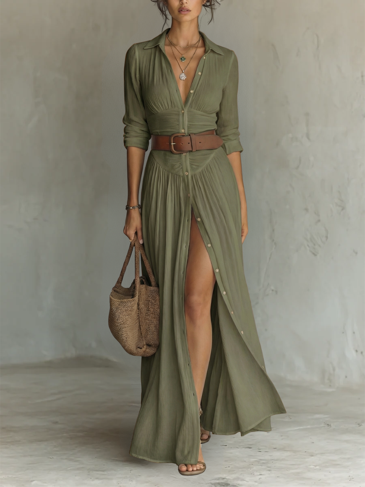 Adirana - Vestido Maxi Largo con Cuello de Solapa y Mangas Largas de Lino para Mujer