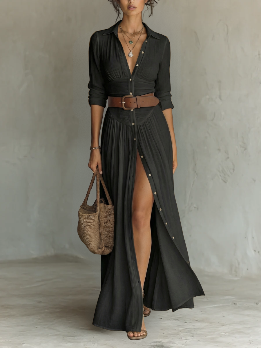Adirana - Vestido Maxi Largo con Cuello de Solapa y Mangas Largas de Lino para Mujer