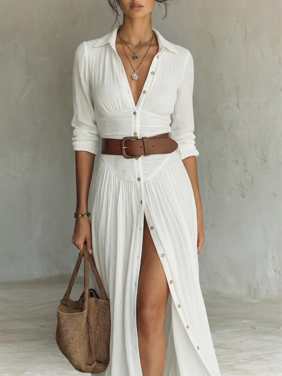 Adirana - Vestido Maxi Largo con Cuello de Solapa y Mangas Largas de Lino para Mujer