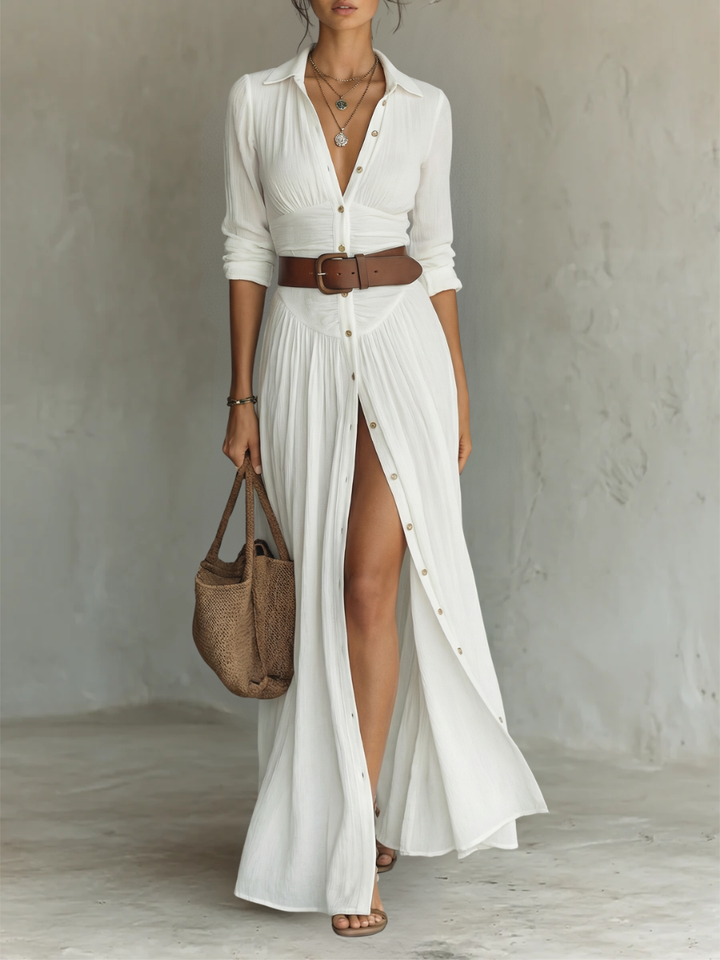 Adirana - Vestido Maxi Largo con Cuello de Solapa y Mangas Largas de Lino para Mujer