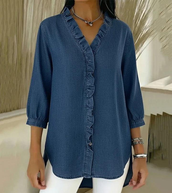 Adele | Blusa de denim fluido con escote en V y volantes