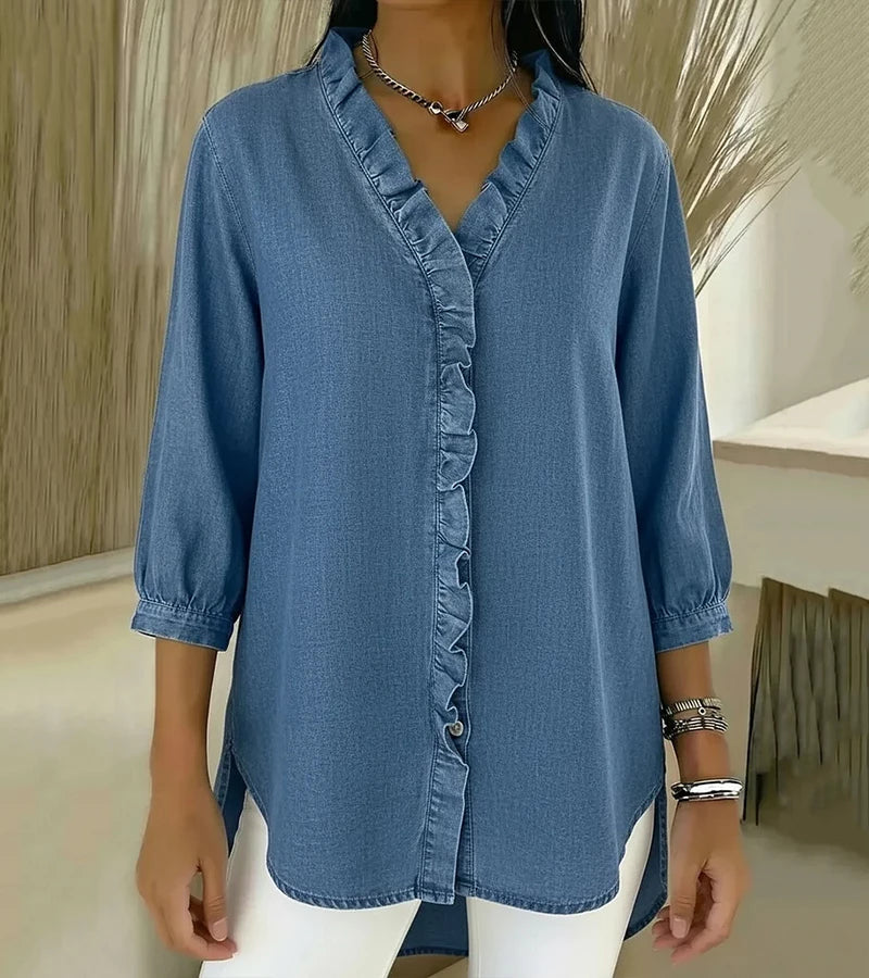 Adele | Blusa de denim fluido con escote en V y volantes