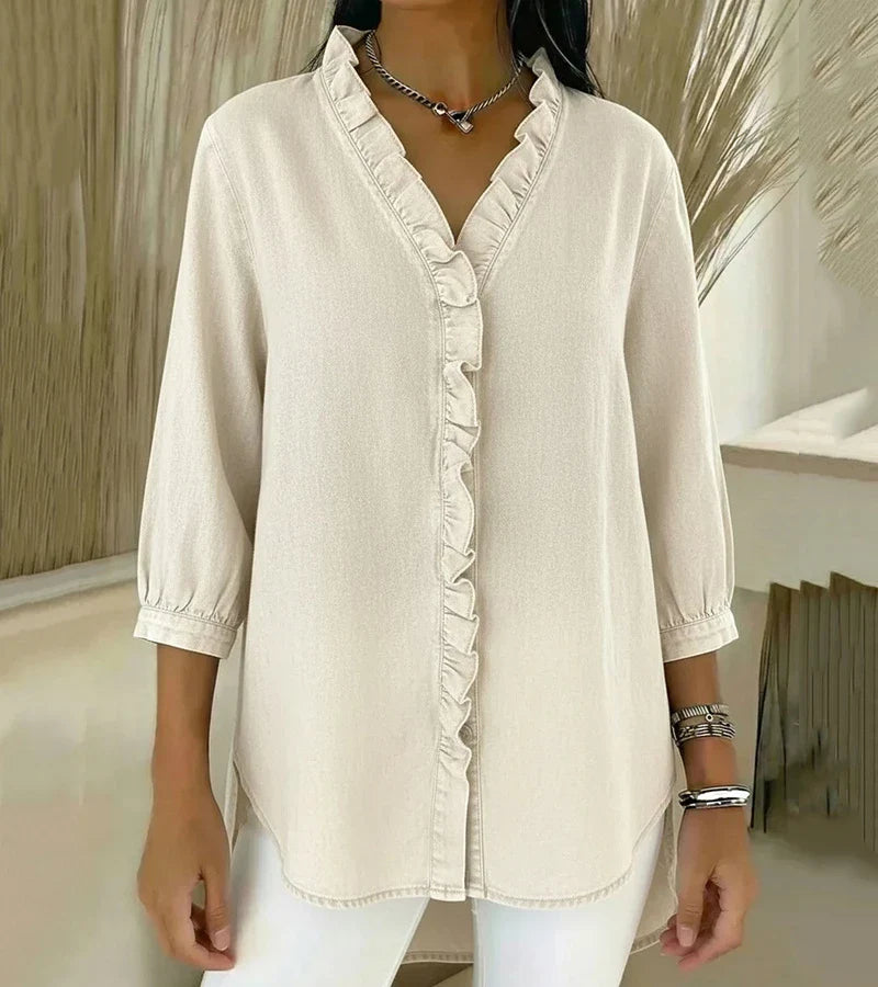 Adele | Blusa de denim fluido con escote en V y volantes
