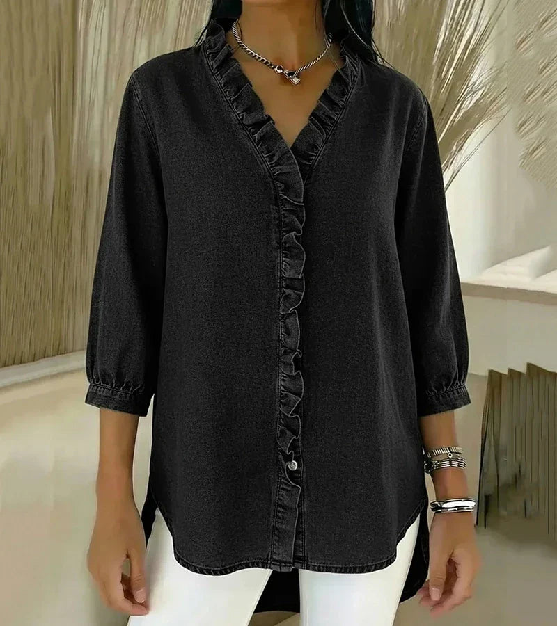 Adele | Blusa de denim fluido con escote en V y volantes