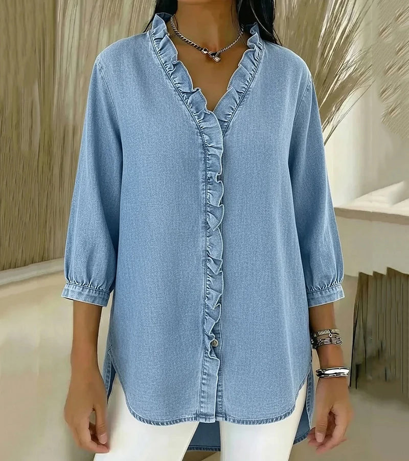 Adele | Blusa de denim fluido con escote en V y volantes