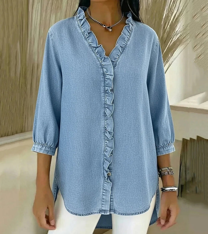 Adele | Blusa de denim fluido con escote en V y volantes