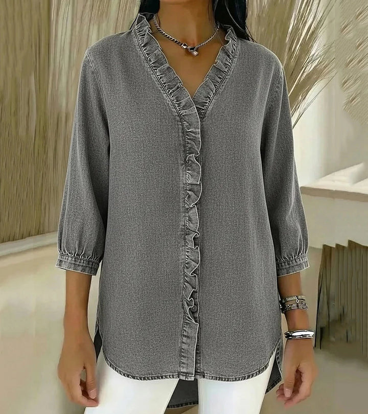 Adele | Blusa de denim fluido con escote en V y volantes