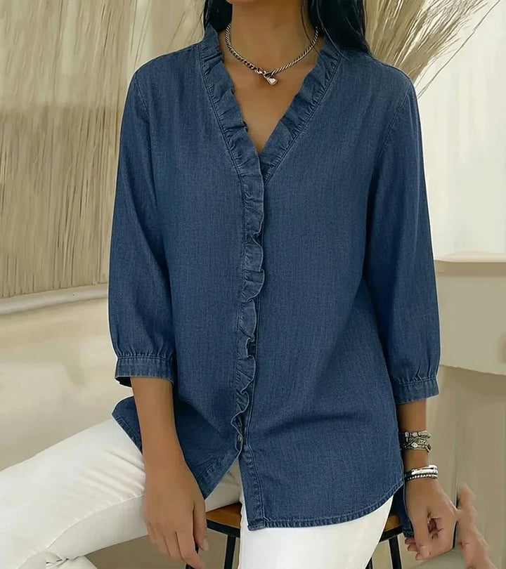 Adele | Blusa de denim fluido con escote en V y volantes
