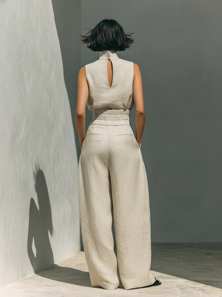Aida - Conjunto de Blusa Sin Mangas y Pantalones de Pierna Ancha en Algodón y Lino Minimalista para Mujer