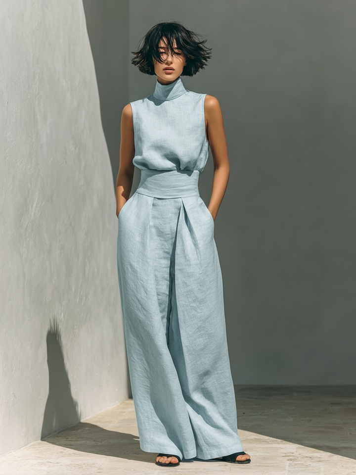 Aida - Conjunto de Blusa Sin Mangas y Pantalones de Pierna Ancha en Algodón y Lino Minimalista para Mujer