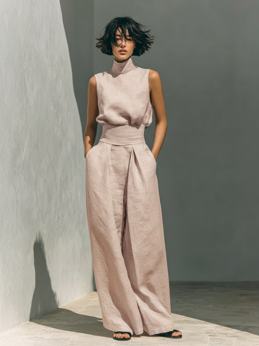 Aida - Conjunto de Blusa Sin Mangas y Pantalones de Pierna Ancha en Algodón y Lino Minimalista para Mujer