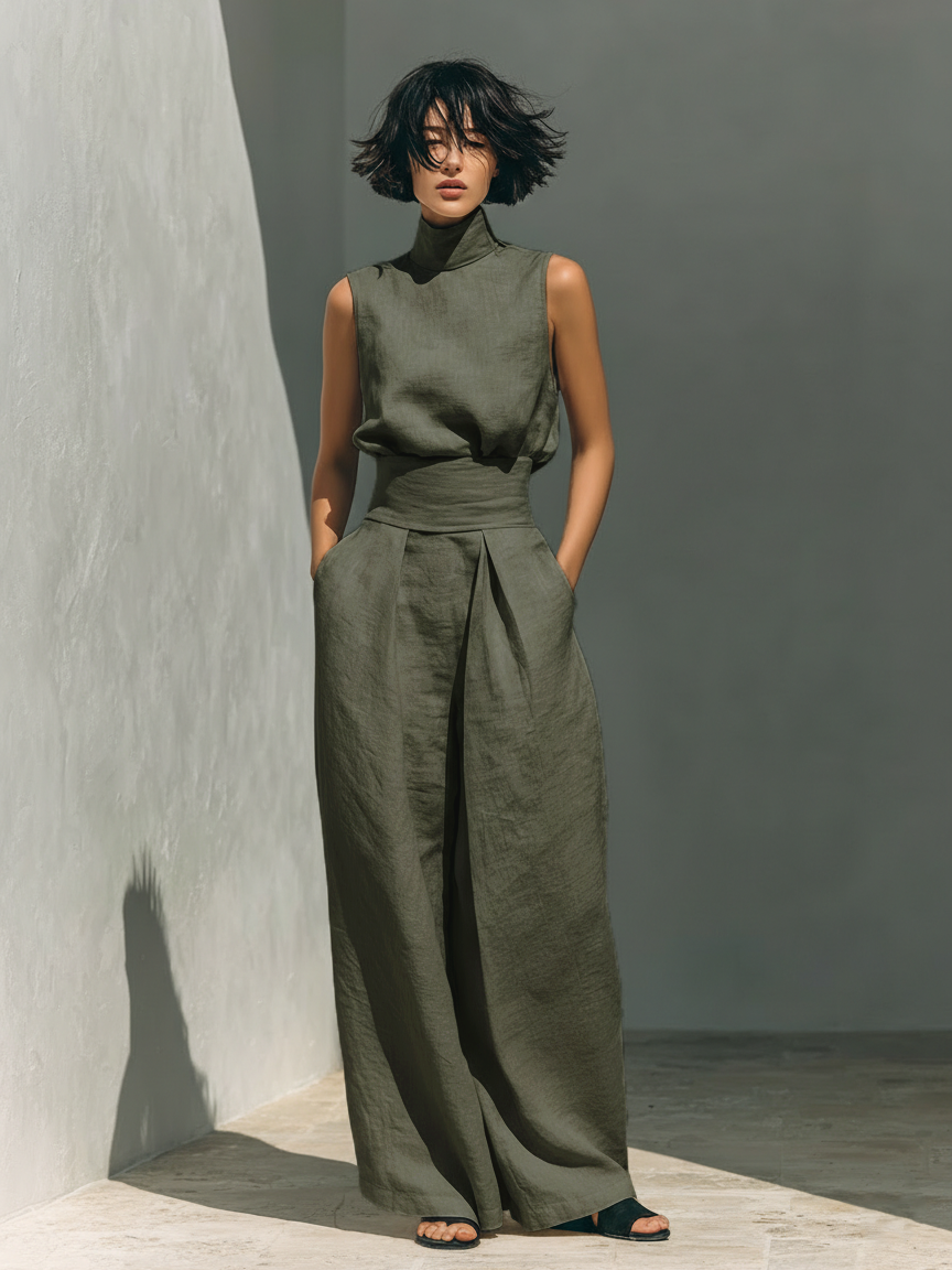 Aida - Conjunto de Blusa Sin Mangas y Pantalones de Pierna Ancha en Algodón y Lino Minimalista para Mujer