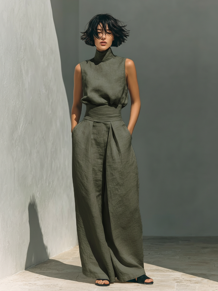 Aida - Conjunto de Blusa Sin Mangas y Pantalones de Pierna Ancha en Algodón y Lino Minimalista para Mujer