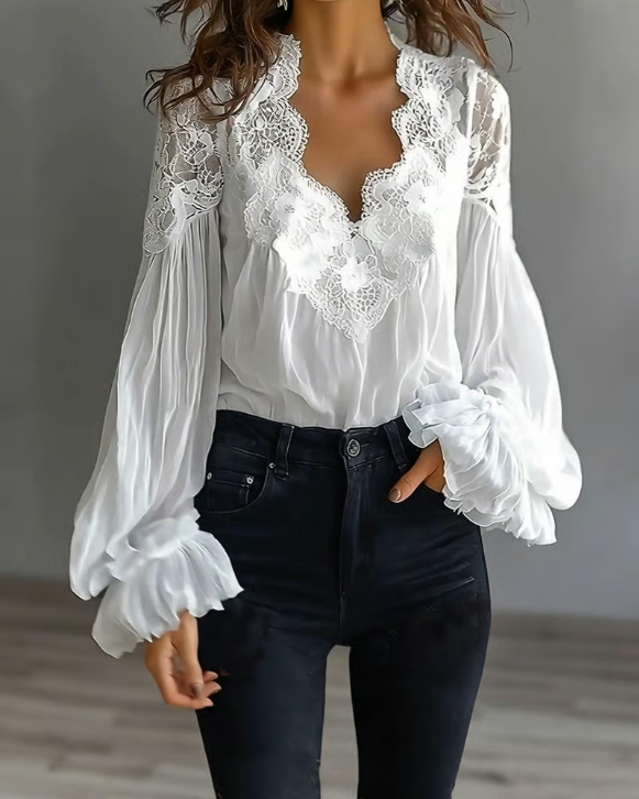 Laceva | Blusa con encaje floral y mangas de farol para Mujer