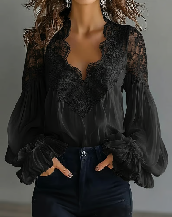 Laceva | Blusa con encaje floral y mangas de farol para Mujer