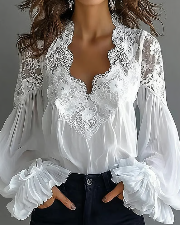 Laceva | Blusa con encaje floral y mangas de farol para Mujer