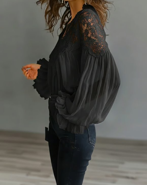 Laceva | Blusa con encaje floral y mangas de farol para Mujer