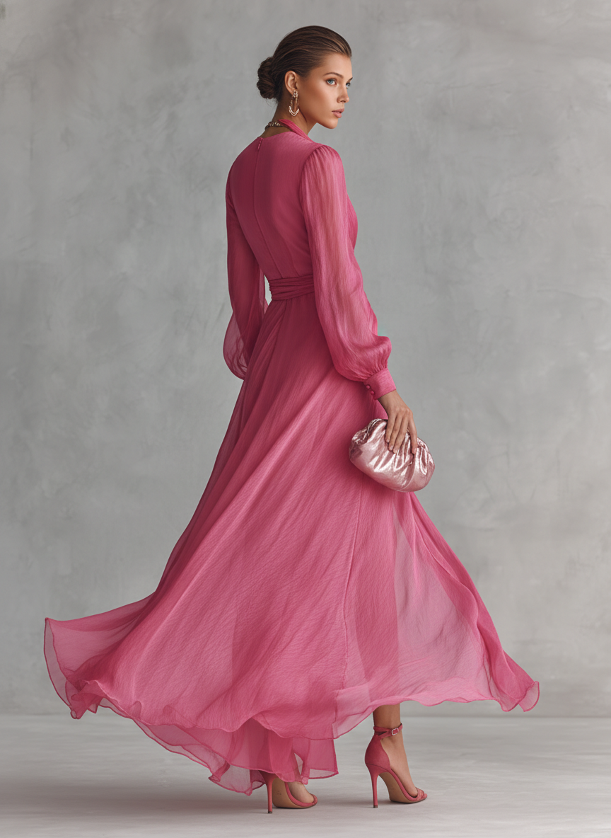 Cindy - Vestido de Chiffon Rosa con Escote en V para Mujer