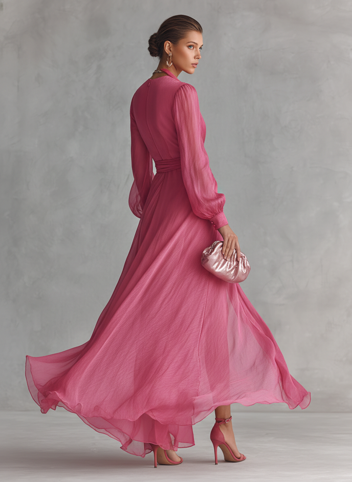 Cindy - Vestido de Chiffon Rosa con Escote en V para Mujer
