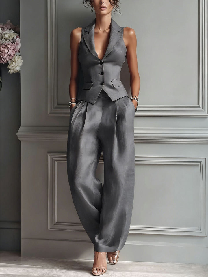 Lorie - Conjunto de dos piezas para mujer con cuello en V y botones para Mujer