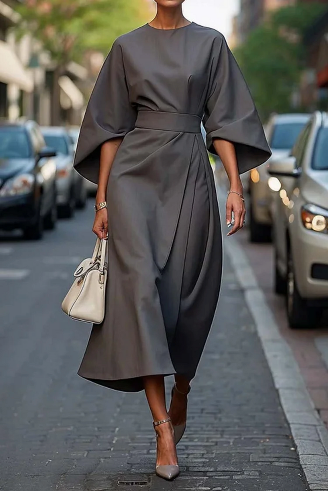Sofía - Vestido elegante con mangas farol y cinturón para Mujer
