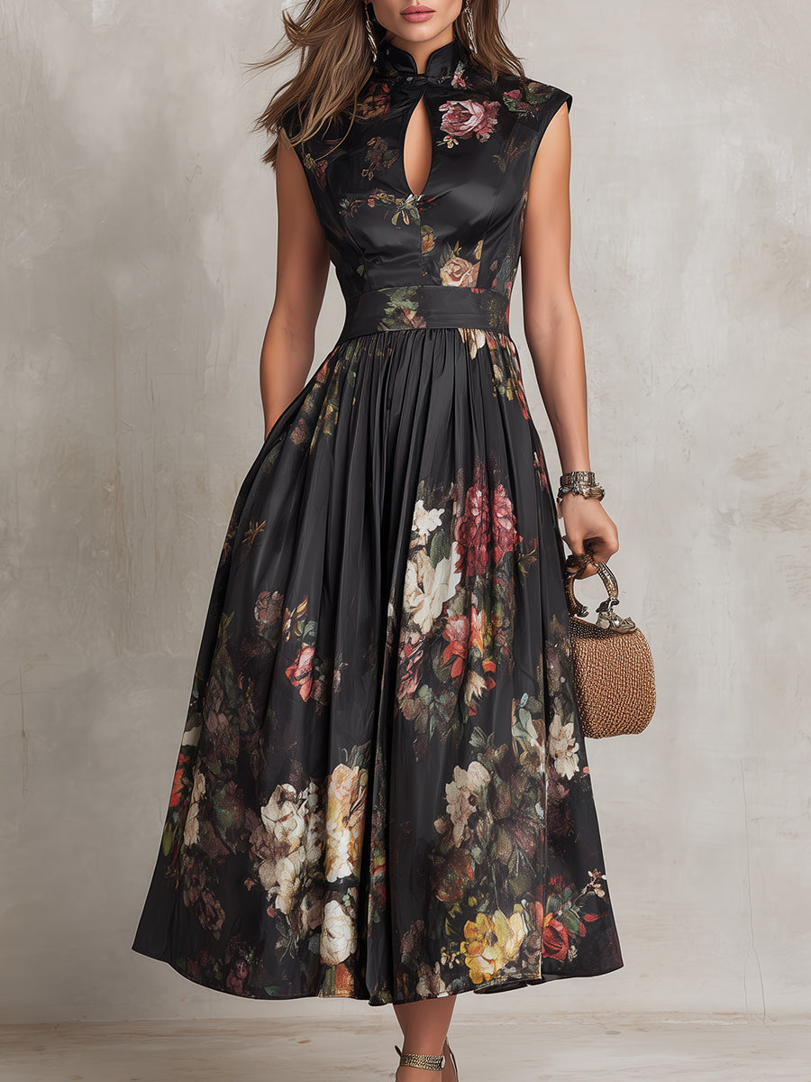 Dunora - Vestido Midi de Satén Plisado Floral con Cuello de Ojal Negro para Mujer