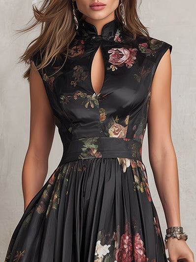 Dunora - Vestido Midi de Satén Plisado Floral con Cuello de Ojal Negro para Mujer