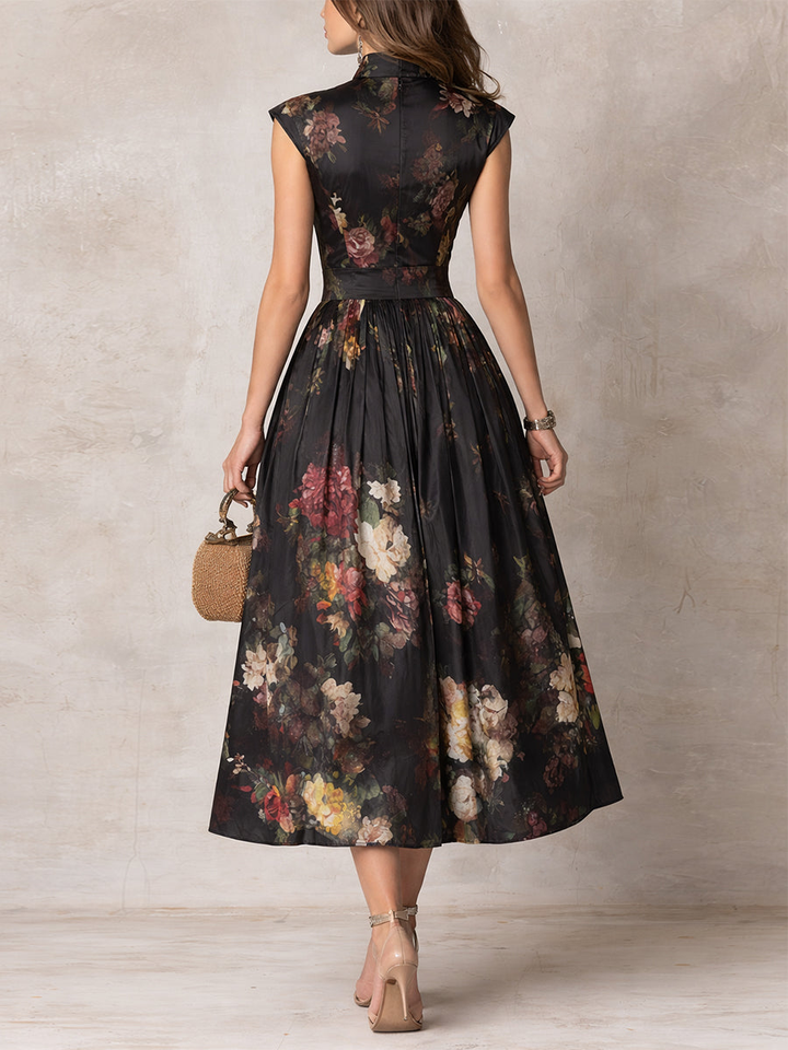 Dunora - Vestido Midi de Satén Plisado Floral con Cuello de Ojal Negro para Mujer