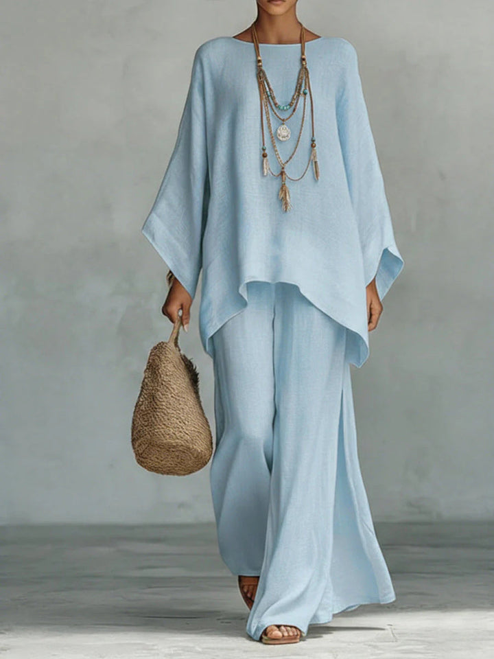 Beatrice - Conjunto de Top y Pantalones Flowy en Mezcla de Lino Minimalista para Mujer