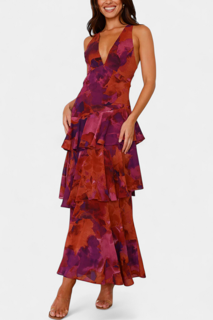 Domenica - Vestido de Gasa con Escote en V y Capas Fluidas para Mujer