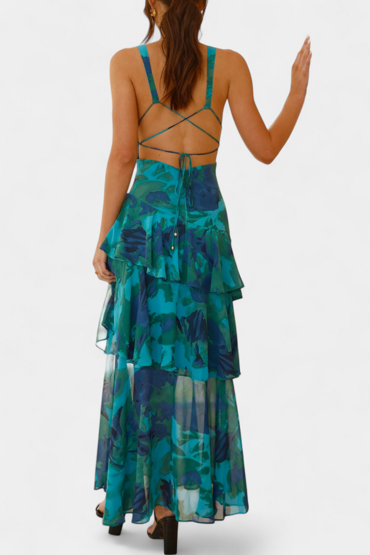 Domenica - Vestido de Gasa con Escote en V y Capas Fluidas para Mujer